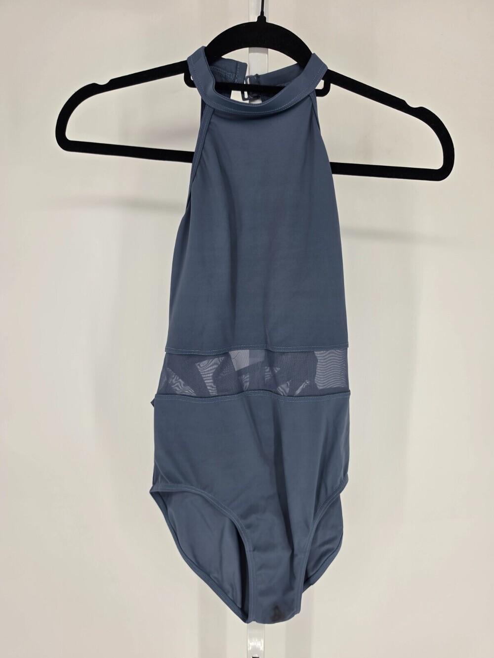 Balera Dance Womens Sz S Leotard Slate Blue Mesh Panel High Neck